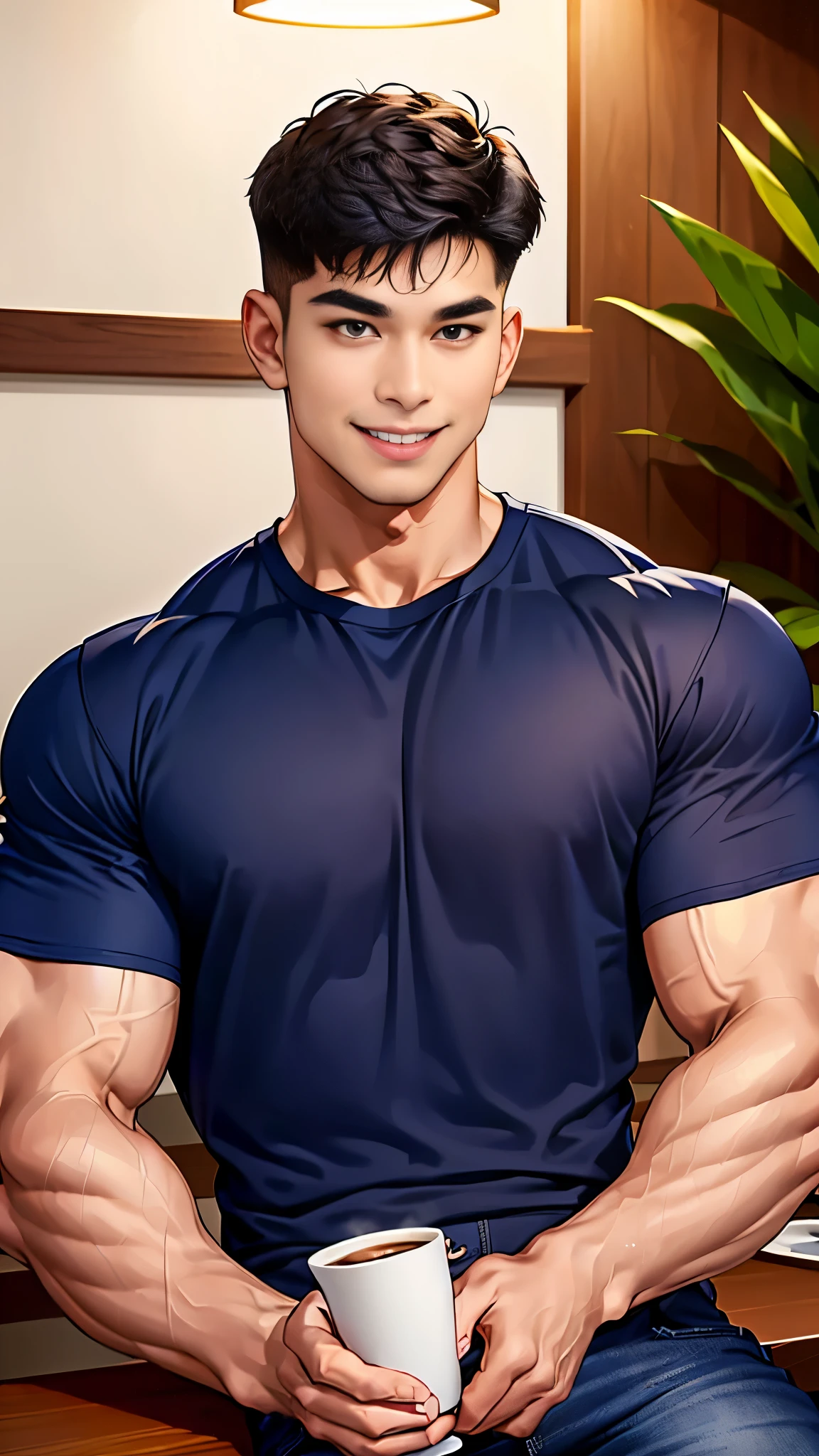 1 man in the middle of the picture, smile, (Wear a dark navy round neck shirt., short sleeve shirt ยี่ห้อ under armor), (jeans), (Korean people) , korean men, (Realistic lighting), looking at the audience, Balancing eye contact), in the coffee shop, cafe