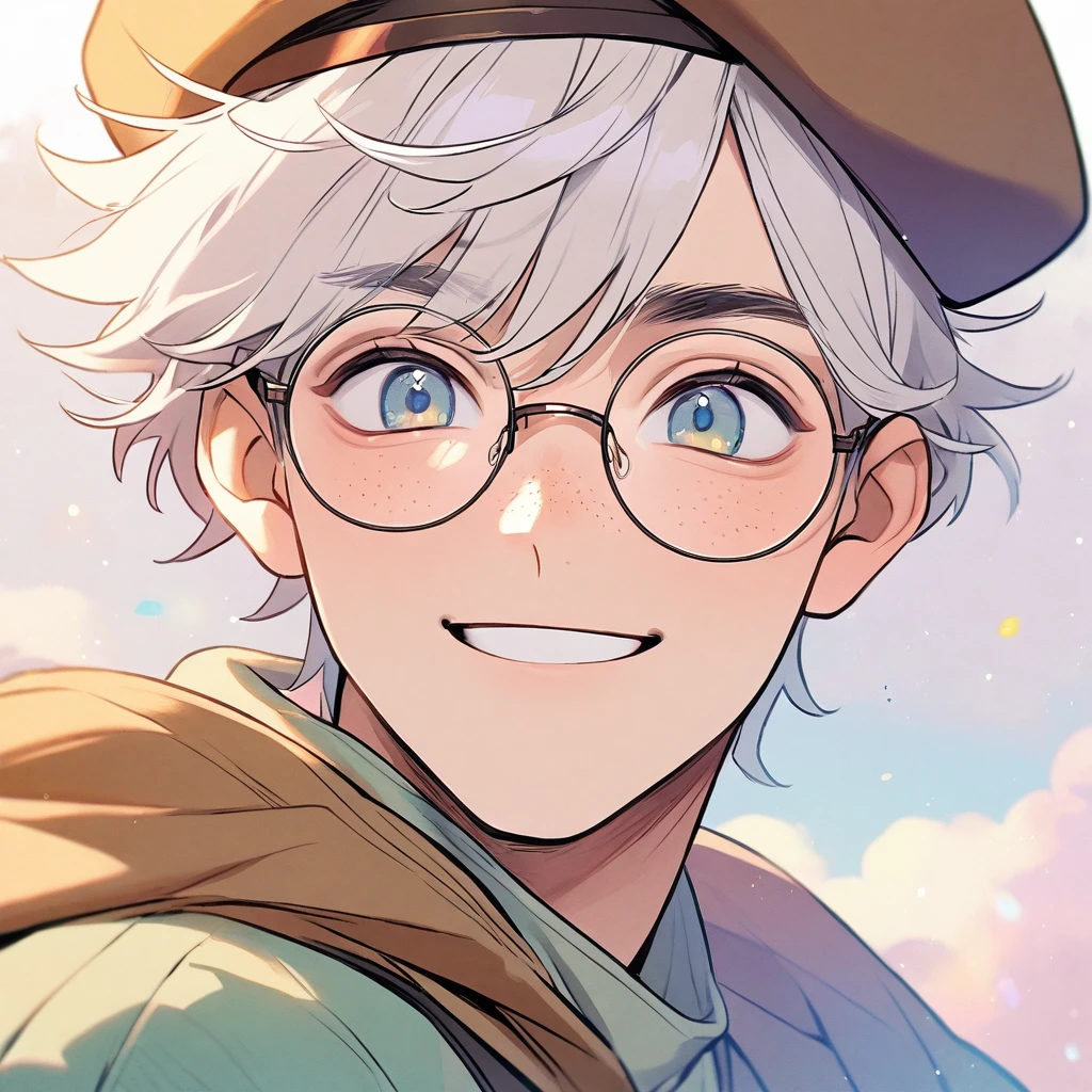 Man, white hair, pastel colors, face close up, adventure, explorer, brown beret, big round glasses, smiling, big freckles, boy, goodlooking, handsome