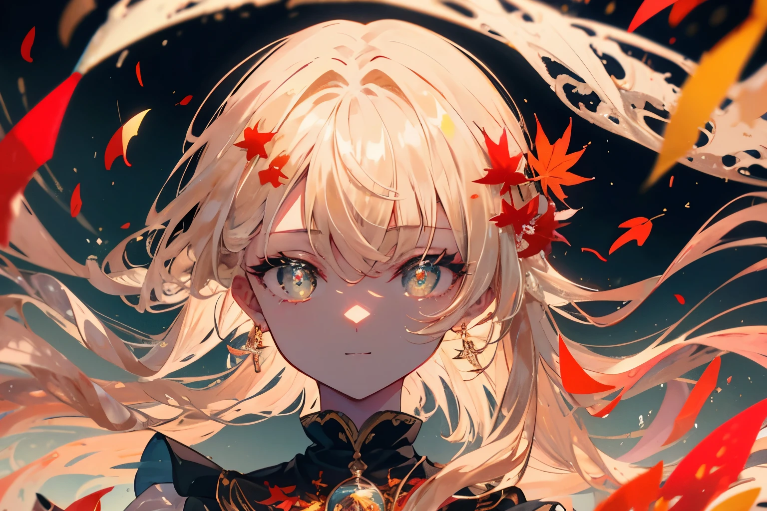 Create a high-quality illustration featuring a fantastical scene of autumn leaves dancing in the air, accompanied by a beautiful boy. The illustration should evoke a sense of nostalgia and enchantment, with intricate details and a dreamy atmosphere. From the vibrant red and golden leaves swirling in the wind to the serene expression on the boy's face, every element should be meticulously crafted to immerse the viewer in a nostalgic and magical moment. best quality, masterpiece, expressive eyes, gorgeous, vivid, perfect face, smile, happyness, 2eyes, emotion, detailed pupils, vivid pupils,stunning, life, relfection, peace, warm, compsition, artistic, 4k, wallpaper, bonnet, wind, glowing eyes