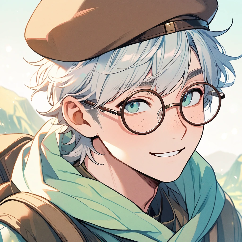 Man, white hair, pastel colors, face close up, adventure, explorer, brown beret, big round glasses, smiling, big freckles, boy, goodlooking, handsome