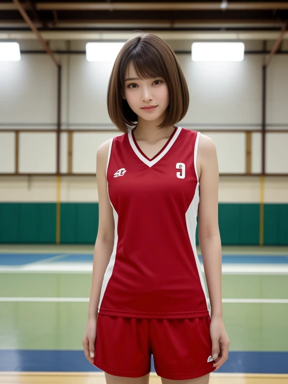 masterpiece, highest quality, High resolution, wallpaper, Realistic, Bright lighting, Professional Lighting, Face Light, Smooth lighting, Japanese Girls, ((Whole body 1.4)),Are standing, ,cute, smile, beautiful girl, gravure, sexy, so beautiful, Beautiful Skin, Beautiful and detailed、Detailed face、slim、Moderate, short hair, Brunette colored hair, Brown eyes, View your viewers,Red volleyball player uniform,Indoor volleyball court,Small,