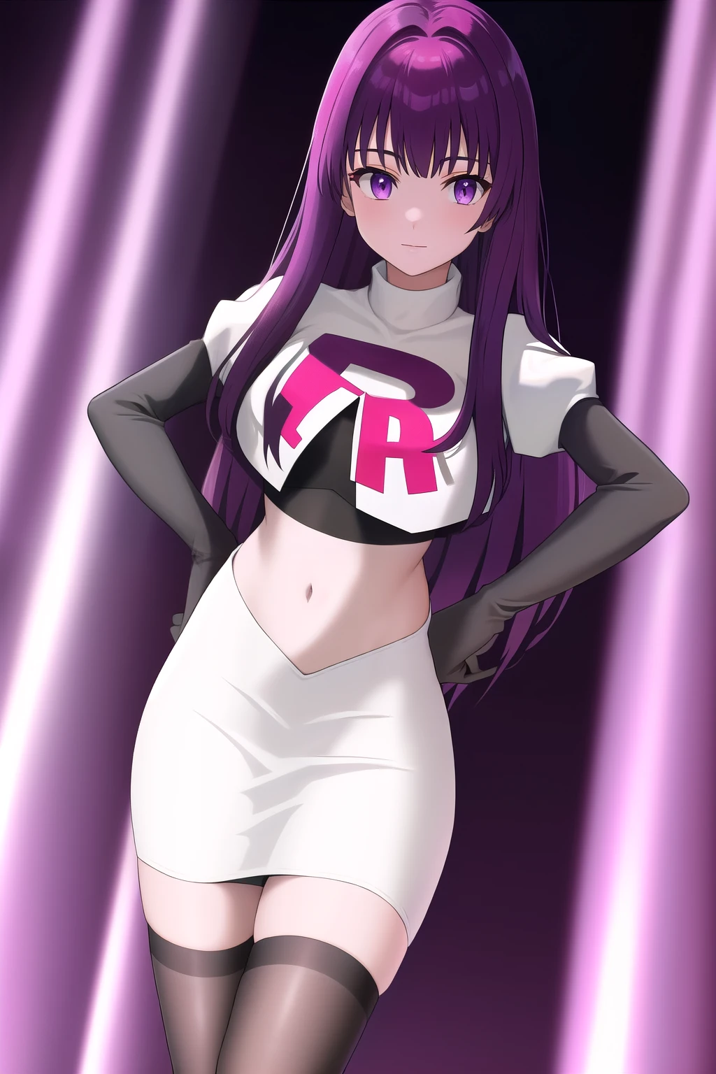 veyle_engage, 1girl, purple eyes, solo, team rocket,team rocket uniform,white skirt,red letter R,crop top,black thigh-highs,black elbow gloves