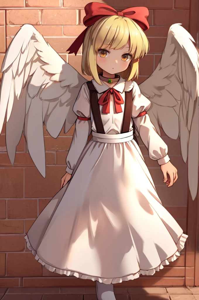 masterpiece, best quality, 1girl, solo, 10 years old, medium blonde hair, forehead visible bangs, hair flaps, ribbon on head, well-formed face, blonde eyes, angel girl, nehru collar, white blouse, long sleeves, red ribbon, angel wings, red thick suspenders, long white skirt, long maxi-skirt, very long skirt, wide shot, full body shot