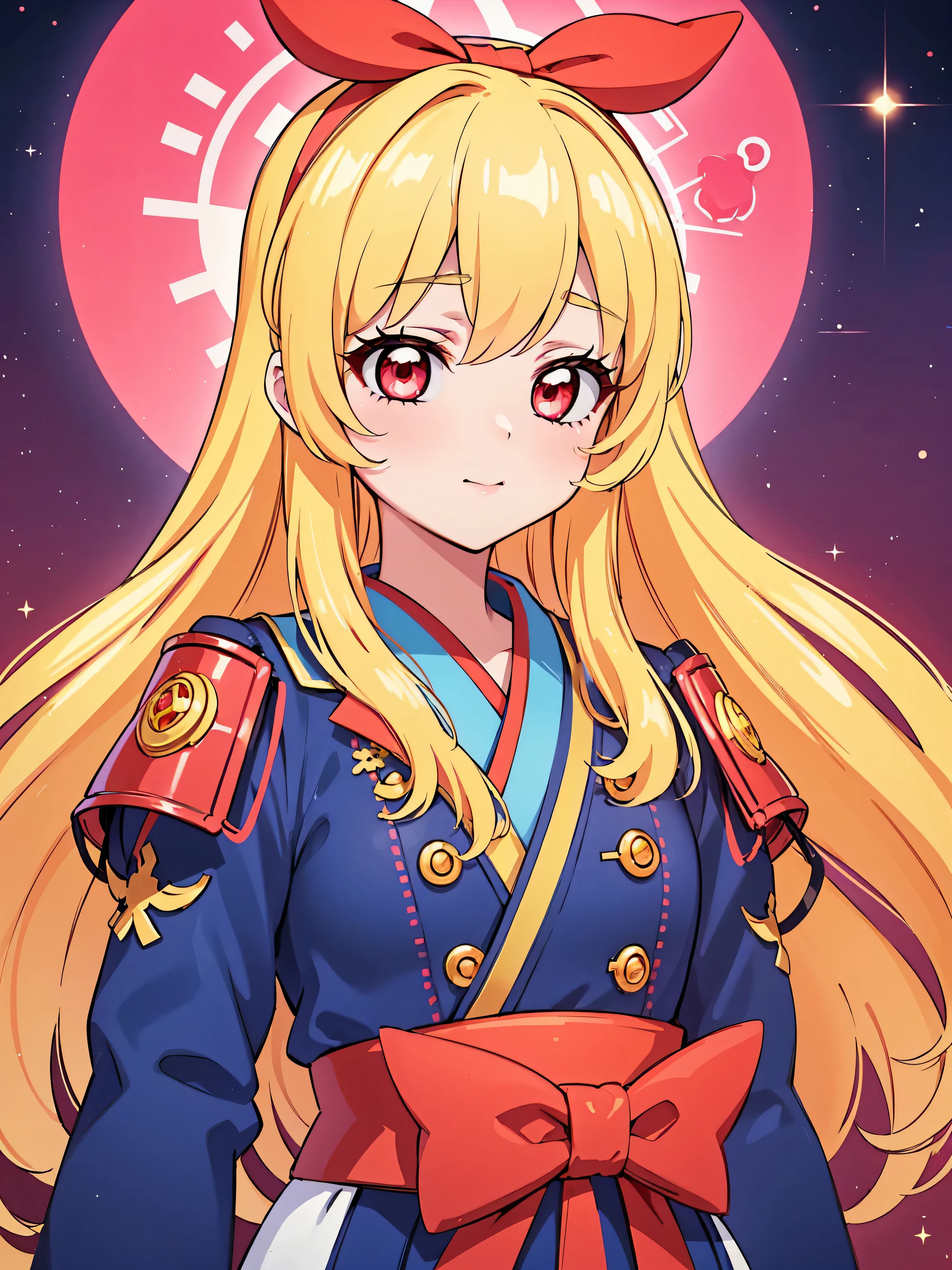 highest quality, Ultra-detailed 8k CG rendering, masterpiece, High resolution, Very detailed,
Samurai girl with voluptuous beauty,upper_body,
Small breasts,
, Blonde Hair, Red eyes,
Gold White Mix Color Samurai Armor,Kimono jacket Red hair bundle,
universe,universe,
Venus,
Bubble Images,
That person will,Hoshimiya Ichigo (aikatsu!)