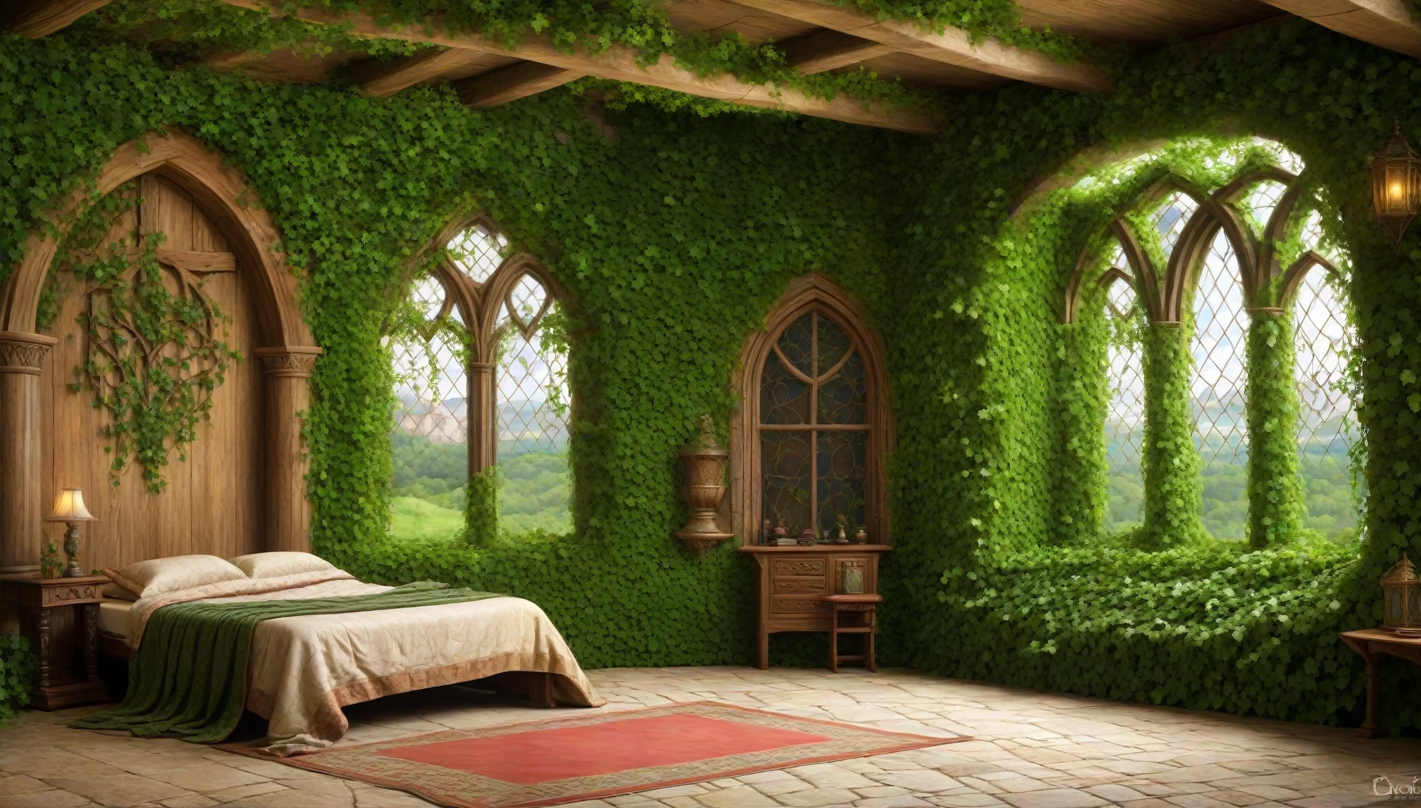 background, background only, interior, bedroom, (celtic:0.3), (wooden wall: 0.7), two point perspective, medieval, ivy, window