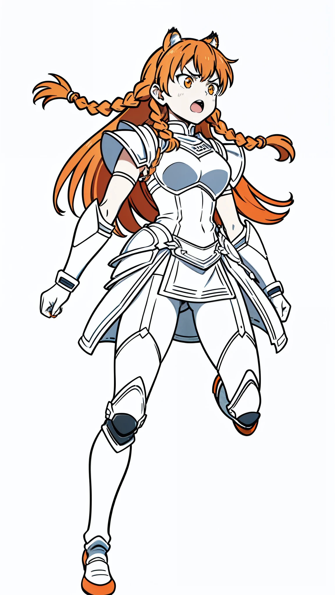 (1girl,20 years old,mature female,solo),tiger ears,long hair,(twin braids),orange hair,knight armor,(white background,line drawing),open mouth,cinematic,pantyhoses,jumping,angry,looking down,
