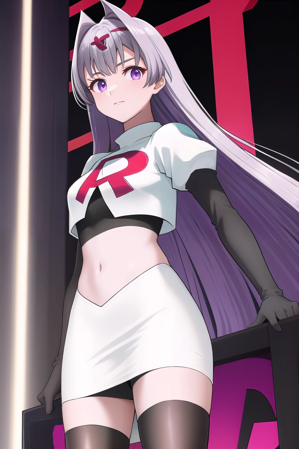 veyle_engage, 1girl, purple eyes, solo, team rocket,team rocket uniform,white skirt,red letter R,crop top,black thigh-highs,black elbow gloves