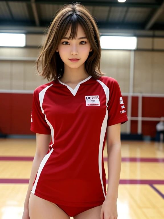 masterpiece, highest quality, High resolution, wallpaper, Realistic, Bright lighting, Professional Lighting, Face Light, Smooth lighting, Japanese Girls, ((Whole body 1.4)),Are standing, 15 years old,cute, smile, beautiful girl, gravure, sexy, so beautiful, Beautiful Skin, Beautiful and detailed、Detailed face、slim、Moderate, short hair, Brunette colored hair, Brown eyes, View your viewers,Red volleyball player uniform,Indoor volleyball court,Small,