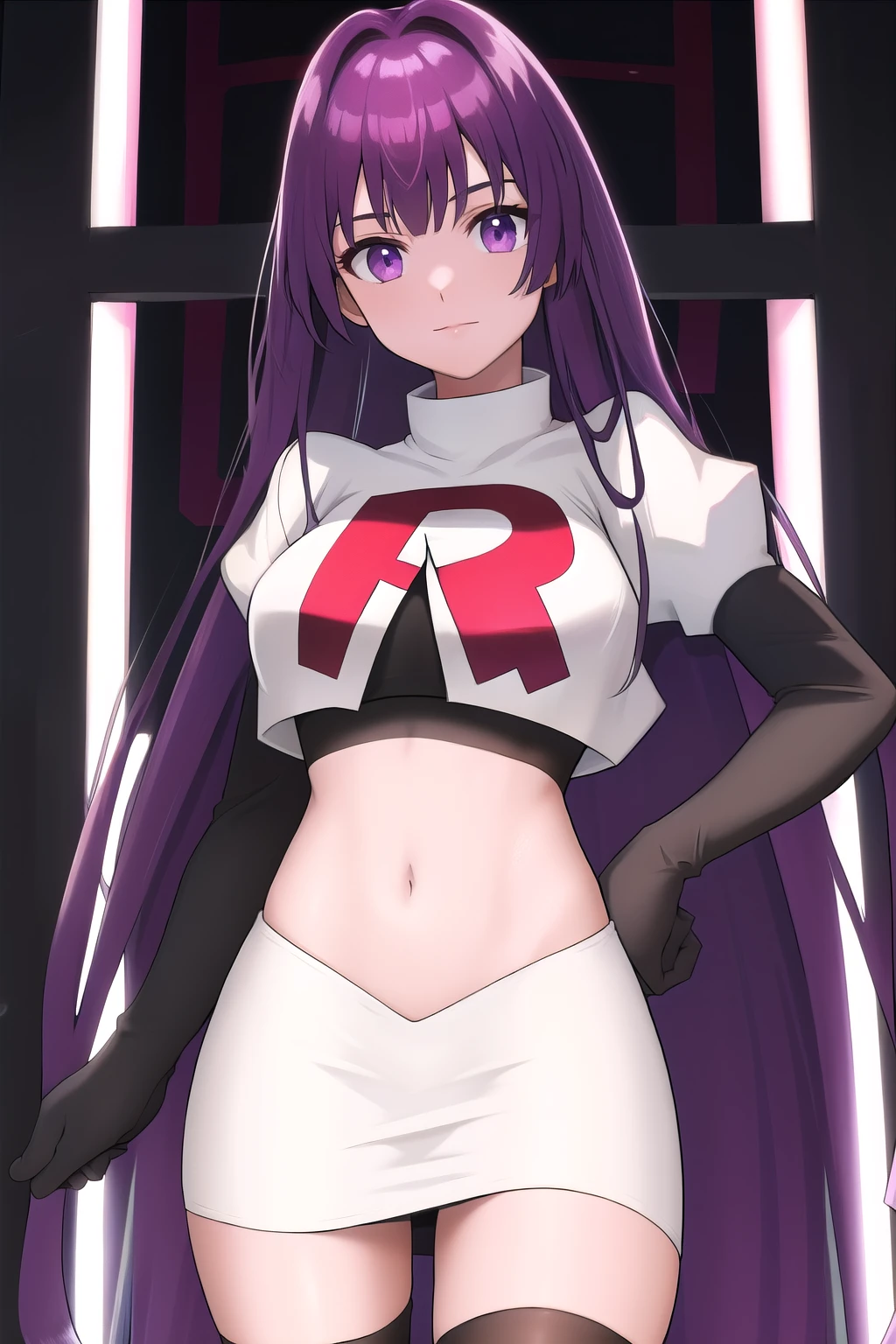 veyle_engage, 1girl, purple eyes, solo, team rocket,team rocket uniform,white skirt,red letter R,crop top,black thigh-highs,black elbow gloves