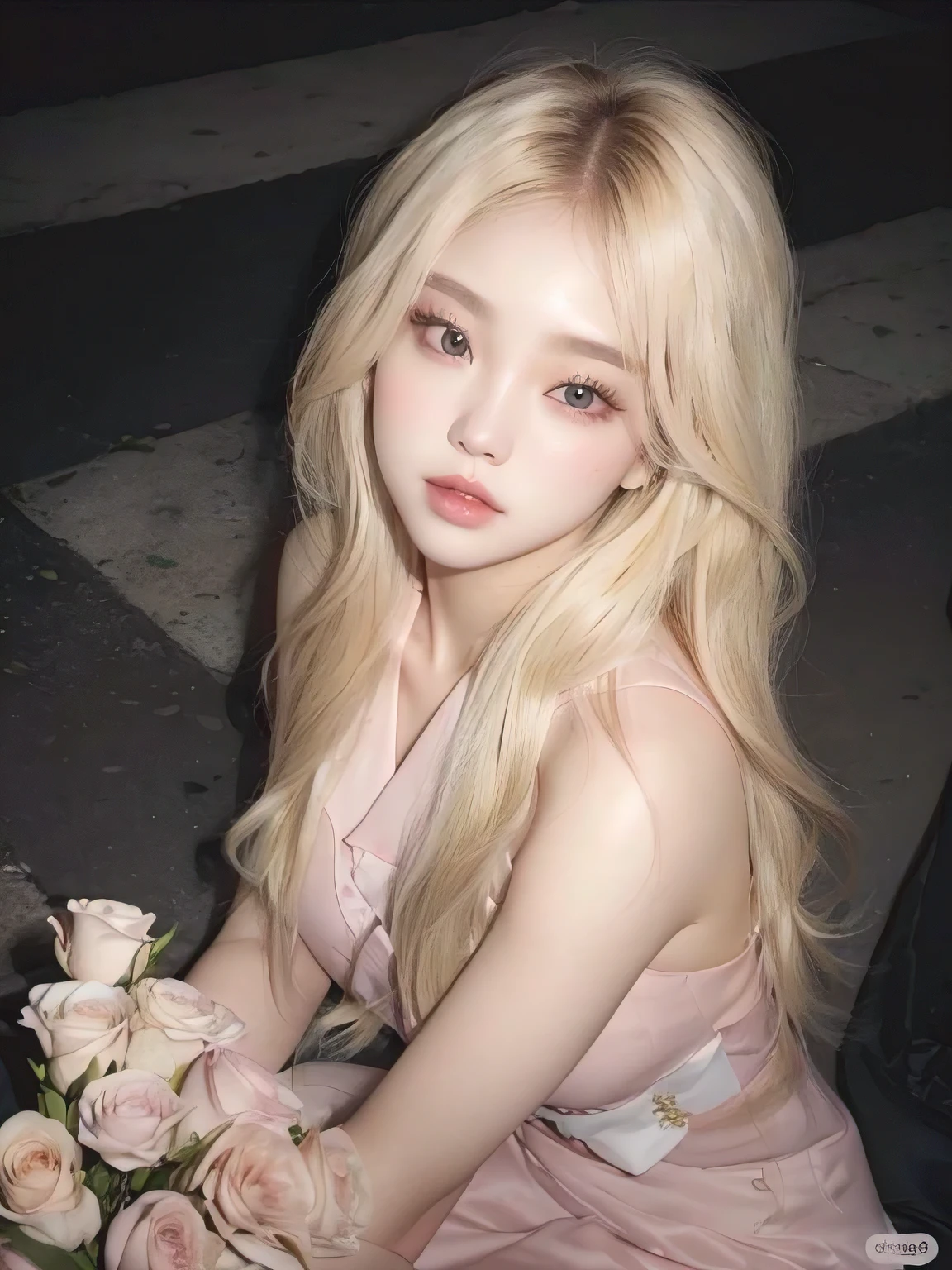 un primer plano de una mujer con cabello largo y rubio sosteniendo un ramo de flores, parque roseanne de blackpink, muchacha coreana, hermosa mujer surcoreana, extremely pale blonde hair, very very pale blonde hair, hermosa joven coreana, Sabrina Carpenter. 
