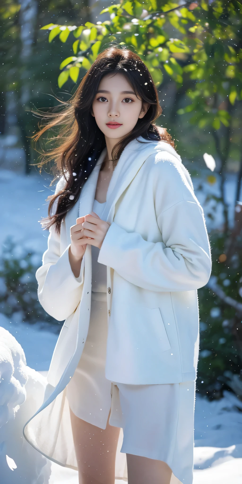 RAW photo, bokeh, Top image quality, High resolution, best quality, 8k, HDR, (photorealistic:1.55), young girl, (wearing jacket), sweater, she stands gracefully, framed by trees adorned with a pristine white blanket of snow. The sunlight gently kisses her face, illuminating her natural beauty. Her features reflect the pristine clarity of the snow, with eyes as deep and blue as sapphires.Her hair cascades softly, adorned with delicate snowflakes, creating a dreamy and innocent allure. Each step she takes is light and airy, reminiscent of petals gently dancing upon a breeze, radiating a serene and enchanting presence.