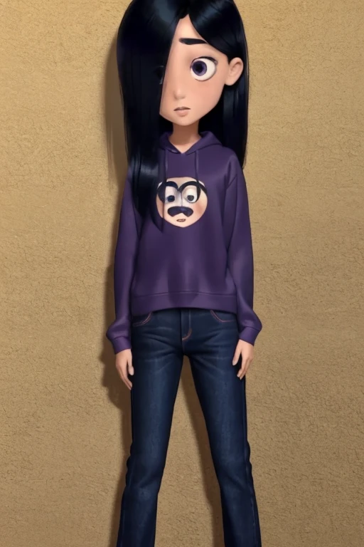 masterpiece,best quality, , 1girl, solo, VioletParr purple sweatshirt, (short jeans), butt, sneakers, hair over one eye, looking at viewer, long black hair, shy, nsfw, pee
