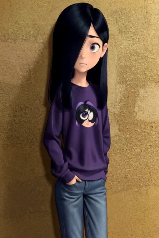 masterpiece,best quality, , 1girl, solo, VioletParr purple sweatshirt, (short jeans), butt, sneakers, hair over one eye, looking at viewer, long black hair, shy, nsfw, pee