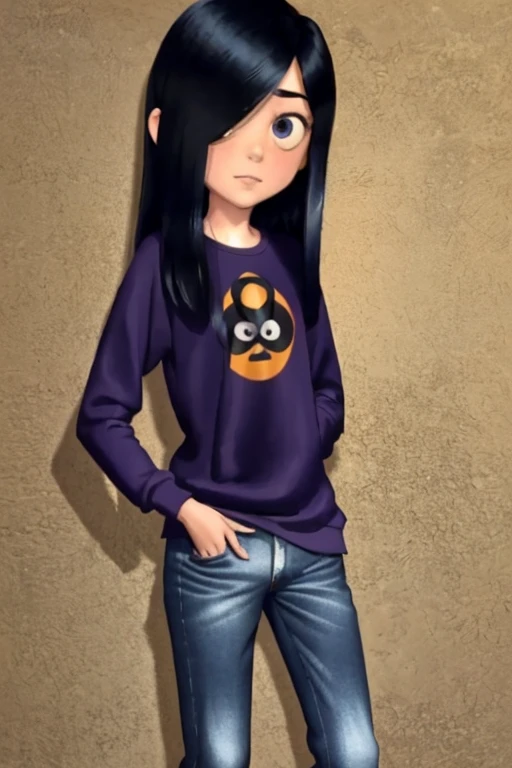 masterpiece,best quality, pixar,(peeking out:1.1), 1girl, solo, VioletParr <lora:VioletParr:0.9>, purple sweatshirt, jeans, hair over one eye, looking at viewer, long black hair, shy, sfw