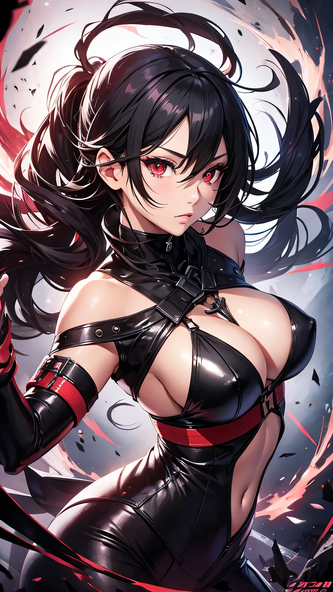 最high quality、Best image quality、masterpiece、girl((Age 25、 By becoming、Best Bust、Medium Bust,Wide open breast tea、Red glowing eyes,Black hear、Red Mesh、Disheveled Hair、Lointail、thin,The highest valley、Open chest、Luminous Wristbands、hair ornaments、Show the whole body,Black Ninja suite、revolver、scar、Full body scar、Fighting Pose)),high quality、Beautiful art、background((ninja word))、Flight、Flying debris、Written boundary depth、movie、Visual Arts、Perfect art、8K,Genuine,