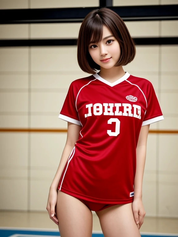 masterpiece, highest quality, High resolution, wallpaper, Realistic, Bright lighting, Professional Lighting, Face Light, Smooth lighting, Japanese Girls, ((Whole body 1.4)),Are standing, ,cute, smile, beautiful girl, gravure, sexy, so beautiful, Beautiful Skin, Beautiful and detailed、Detailed face、slim、Moderate, short hair, Brunette colored hair, Brown eyes, View your viewers,Red volleyball player uniform,Indoor volleyball court,Small,