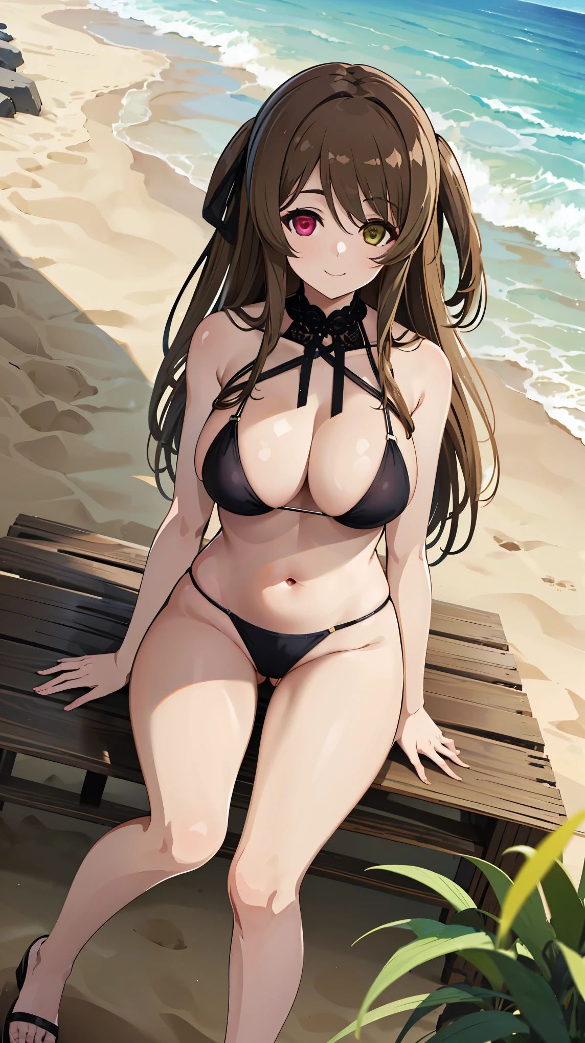 High resolution,masterpiece, highest quality, Kuo Shenlin , heterochromia , left red eye ,right yellow eye , smiling , (((busty))), 1girl, sensual body, Her cheeks flushed, vaginal secretions , Brown hair , swimsuit, micro bikini , Forward bend , looking at me , beach