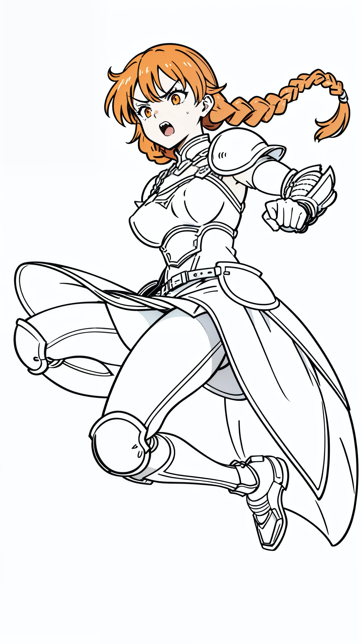 (1girl,20 years old,mature female,solo),tiger ears,long hair,(twin braids),orange hair,knight armor,(white background,line drawing),open mouth,cinematic,black pantyhoses,jumping,angry,looking down,head down
