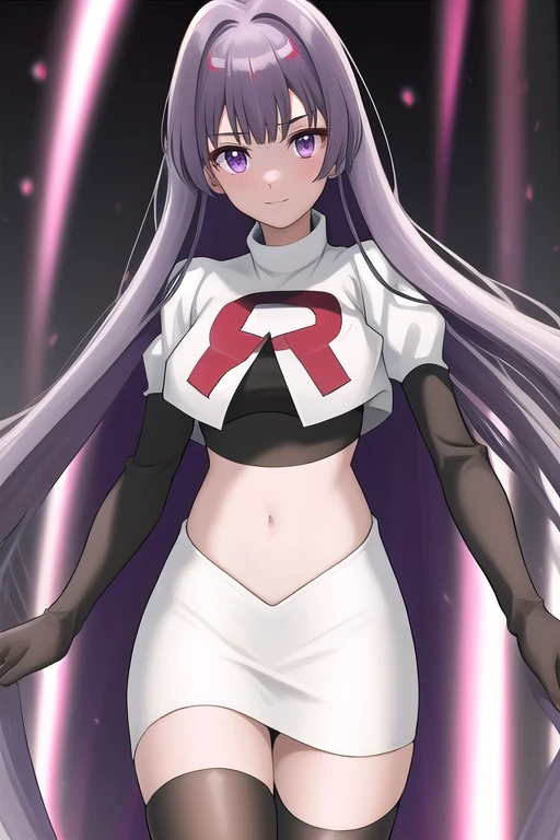 veyle_engage, 1girl, purple eyes, solo, team rocket,team rocket uniform,white skirt,red letter R,crop top,black thigh-highs,black elbow gloves