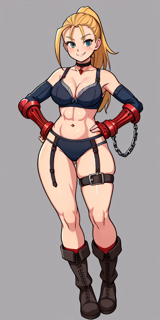 (Masterpiece, 4k, plain background:1.2) Female Cammy White Street Fighter red gloves gauntlets full body standing straight symmetrical feet together looking to the viewer RED full body armored, 2 crossing big belt under belly button, navel, abs, garter straps belts attaching bra big knockers, view from below, wide hips, thick thighs legs apart from below depth range, smile red cheeks, long messy hair ponytail, (handcuffs, shackles, rerebrace, faulds, poleyn, leather collar choker, high boots bootstraps, sleeves, stockings) ((hands on hips))