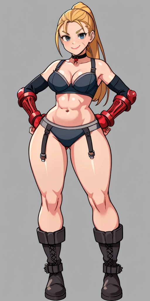 (Masterpiece, 4k, plain background:1.2) Female Cammy White Street Fighter red gloves gauntlets full body standing straight symmetrical feet together looking to the viewer RED full body armored, 2 crossing big belt under belly button, navel, abs, garter straps belts attaching bra big knockers, view from below, wide hips, thick thighs legs apart from below depth range, smile red cheeks, long messy hair ponytail, (handcuffs, shackles, rerebrace, faulds, poleyn, leather collar choker, high boots bootstraps, sleeves, stockings) ((hands on hips))