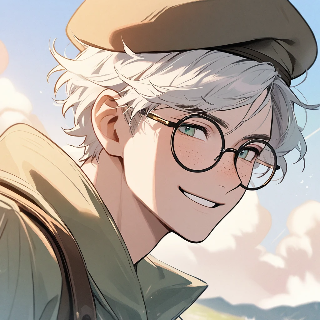 Man, white hair, pastel colors, face close up, adventure, explorer, brown beret, big round glasses, smiling, big freckles, boy, goodlooking, handsome, wind
