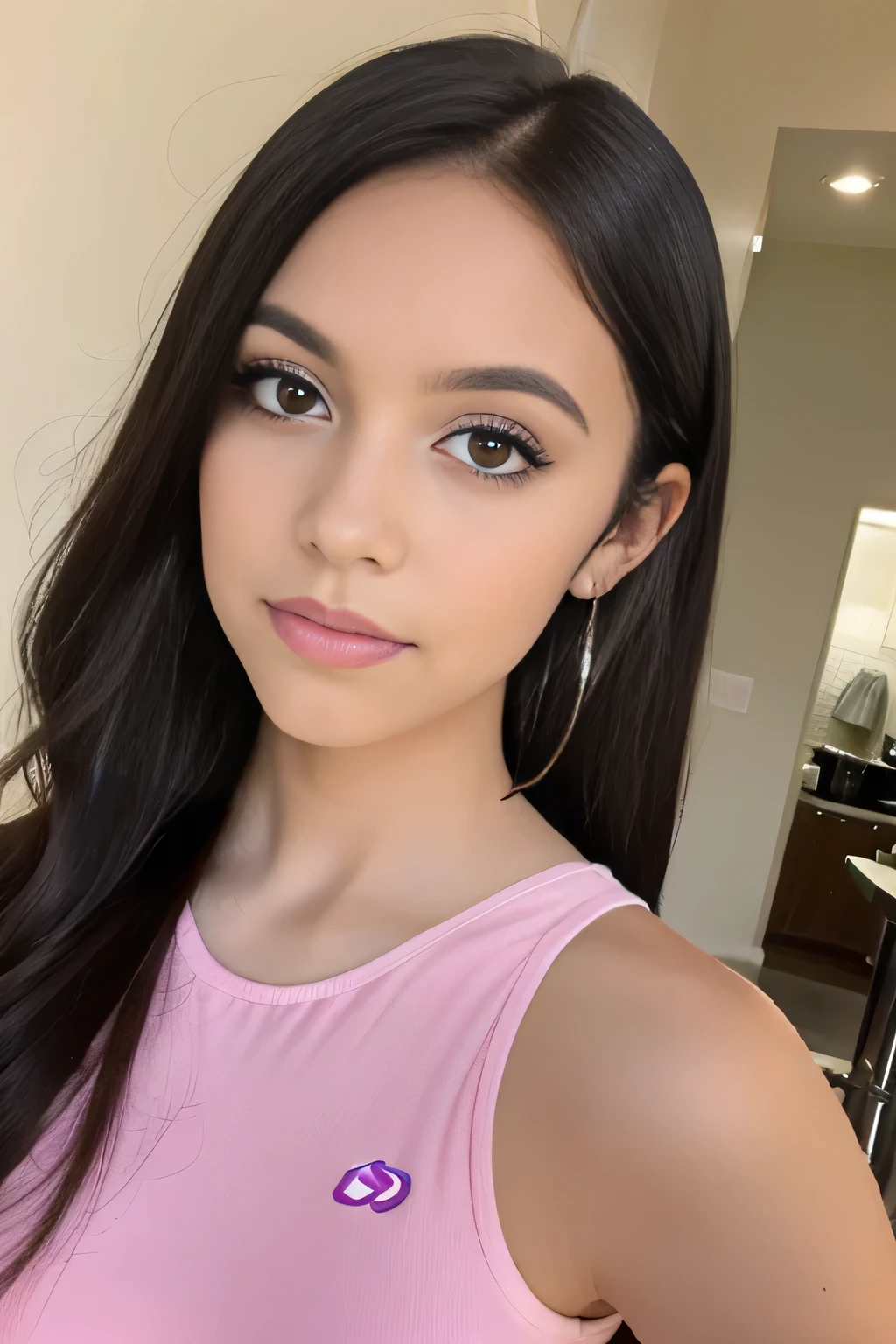 Latin girl. Dark hair. Straight hair. Dark Eyes. . Younlt. Pretty. Popular. Outgoing. Cheerleader. Thin eyebrows. Hoop earrings. 
