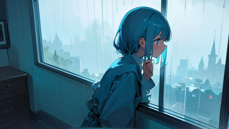 A girl watching the rain from her room's window. The overall color is blue.