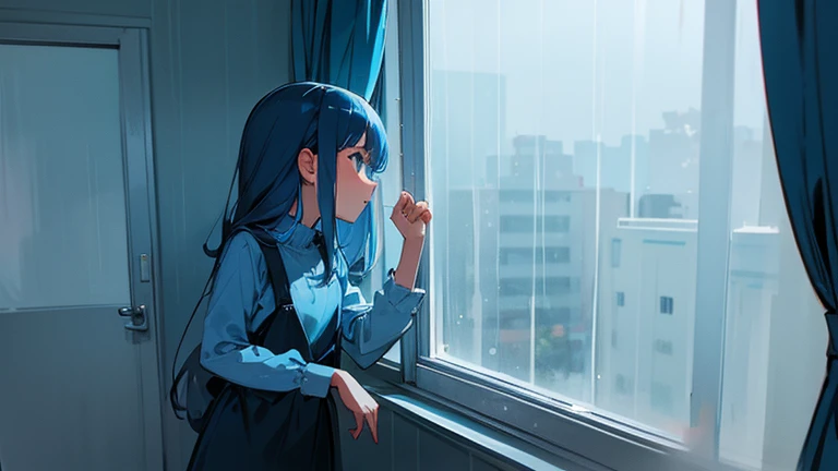 A girl watching the rain from her room's window. The overall color is blue.