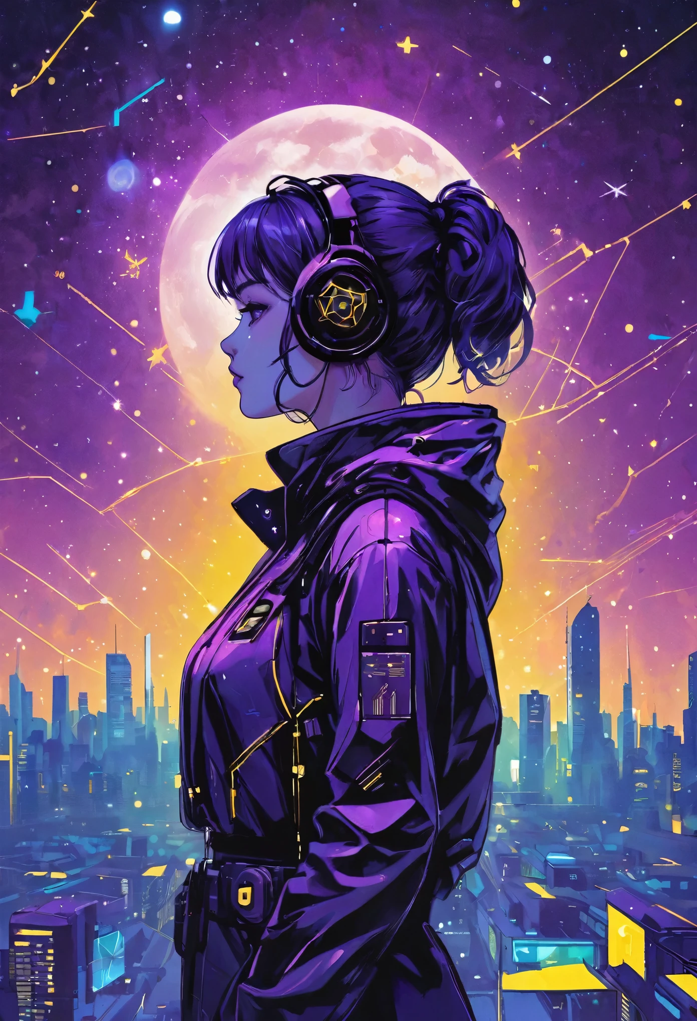 Starry sky and zodiac constellations, The purple hue is like a nebula, Vast space, Cyber punk perssonage bottom city,  illustratio, (1 lady:1), ( Background with:black and yellow Background with1.4), (symmetry:1.2), (artistic décor:1.4), (Retro-Future:1.4), (Minimalist:1.4), (Clean:1.4), (Flat_colours:1.4), (cyber punk perssonage,Android:1.4), CCDDA art style