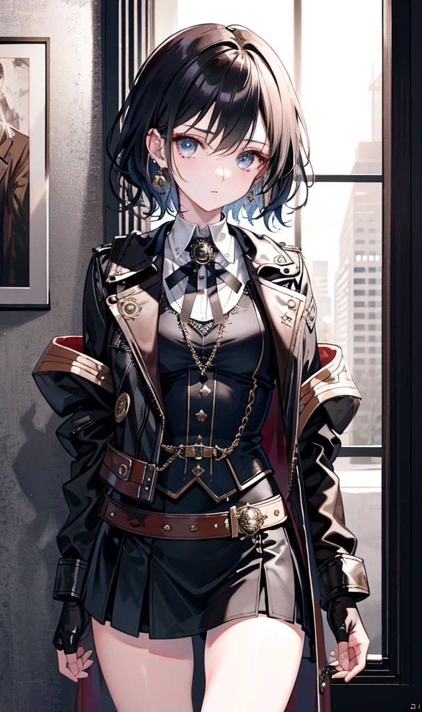 Beautiful steampunk girl, super short shawl leather jacket, school_uniform, Neck strap, very short gloves, chain, Laser material clothing, absurdres, RAW photo, extremely delicate and beautiful, masterpiece, Best Quality, ultra high resolution, 32k, hyperrealistic, ultra-detailed, detailed description, pale skin, 20 years old, tearful mole, earring, short medium hair, wavy hair, whole body shot,