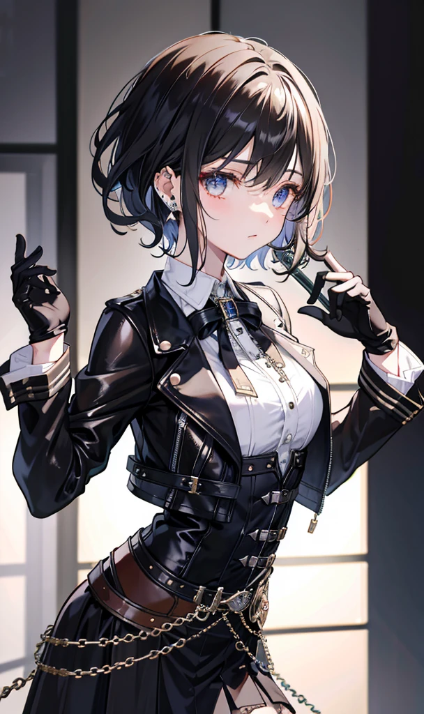 Beautiful steampunk girl, super short shawl leather jacket, school_uniform, Neck strap, very short gloves, chain, Laser material clothing, absurdres, RAW photo, extremely delicate and beautiful, masterpiece, Best Quality, ultra high resolution, 32k, hyperrealistic, ultra-detailed, detailed description, pale skin, 20 years old, tearful mole, earring, short medium hair, wavy hair, whole body shot,