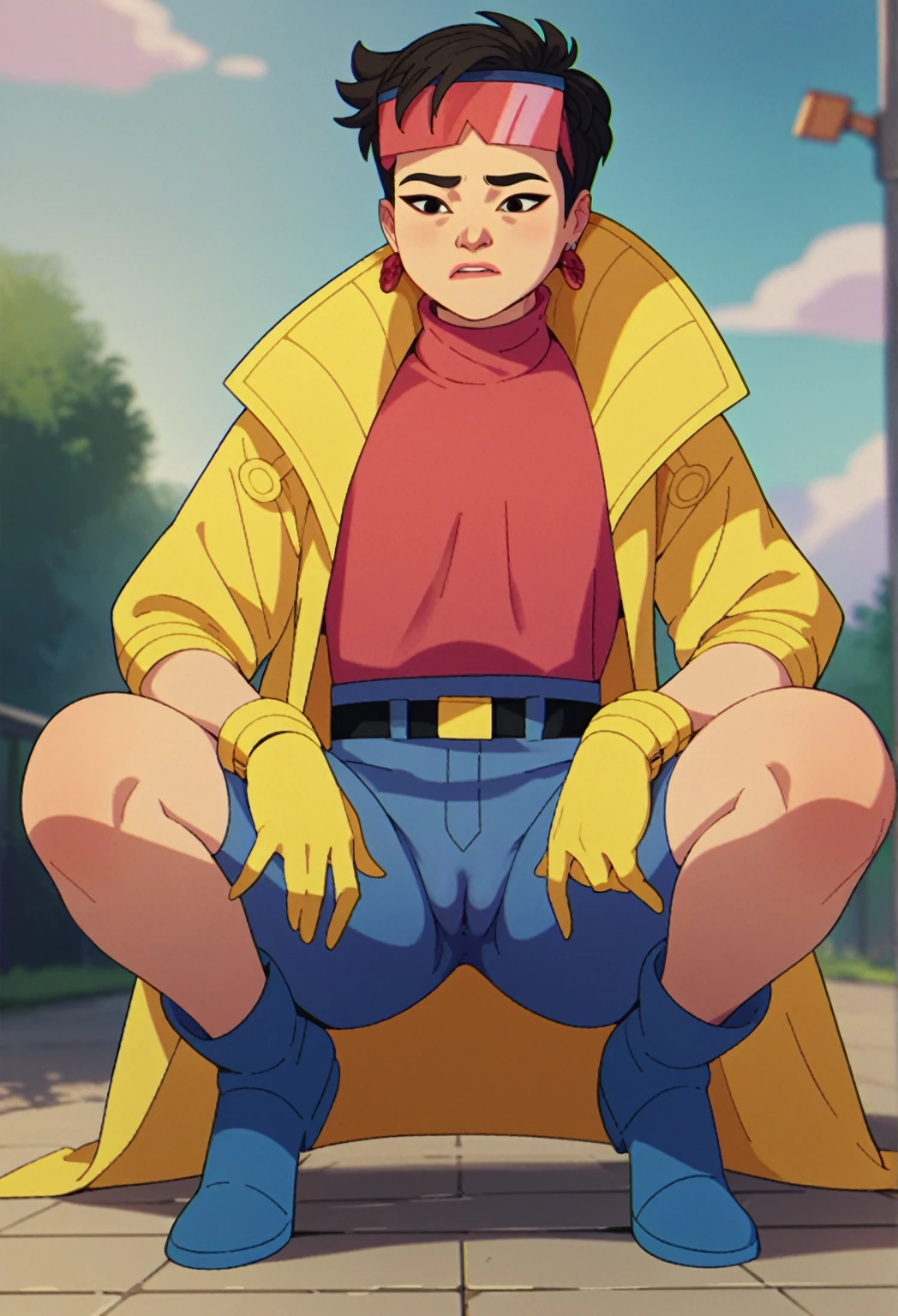 score_9, score_8_up, score_7_up, 1girl, solo, clamJBLee97, cJsunglasses, yellow coat, yellow gloves, pink shirt, turtleneck, blue shorts, belt, blue boots, earrings squatting, cameltoe 