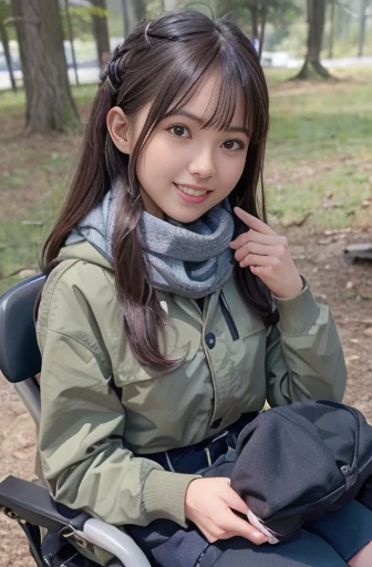 a lot of details, (slender waist), 30 years old, detailed black hair, beautiful detailed hair, super fucking beautiful, complex details beautiful and delicate eyes, perfect hands, (small breasts best quality), perfect and delicate limbs, detailed skin, best quality, ultra-detailed,
shima rin,blue hair,hair bun,purple eyes,gray scarf,brown boots,g-pants,dark green down jacket,light blue scooter,masterpiece,yurucamp, full body, imid shot, ((camping scene)),(eating:1.2), long black hair, ((grin)), grassland, Tables and chairs in disarray,