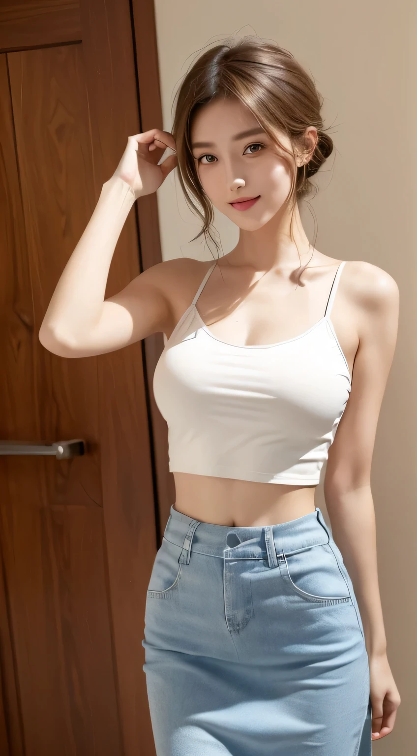 ((best quality, 8K, masterpiece: 1.3)), 1 Girl, Slim Abs Beauty: 1.3, (Casual hairstyle, Large Breasts: 1.2), skirt: 1.1, Very delicate face, Delicateeyes, Double eyelids, Smile, Random Scenes，Random Sexy Poses，Random direction photos，Random costumes