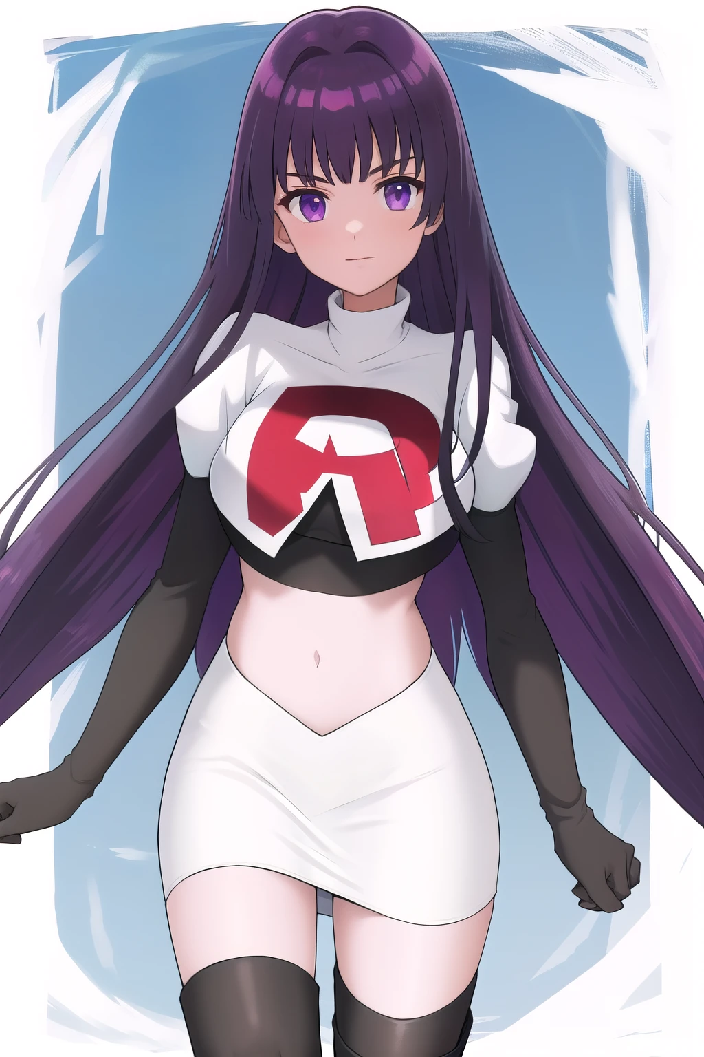 veyle_engage, 1girl, purple eyes, solo, team rocket,team rocket uniform,white skirt,red letter R,crop top,black thigh-highs,black elbow gloves