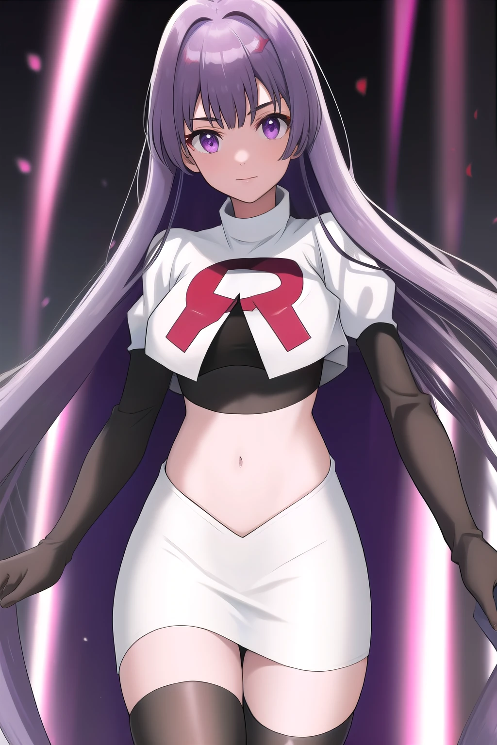 veyle_engage, 1girl, purple eyes, solo, team rocket,team rocket uniform,white skirt,red letter R,crop top,black thigh-highs,black elbow gloves