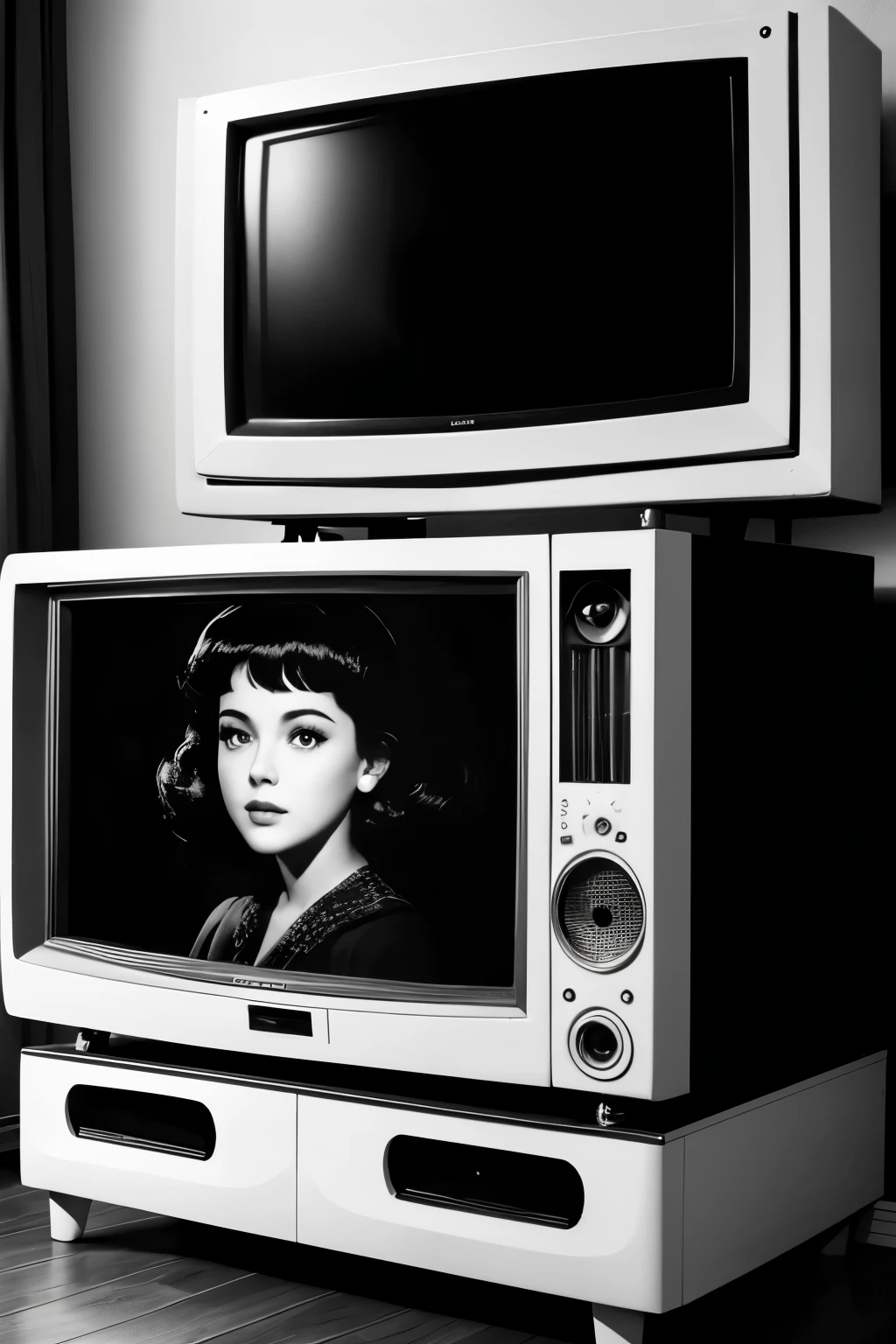 best quality, masterpiece, old retro black and white TV screen, old movies are playing