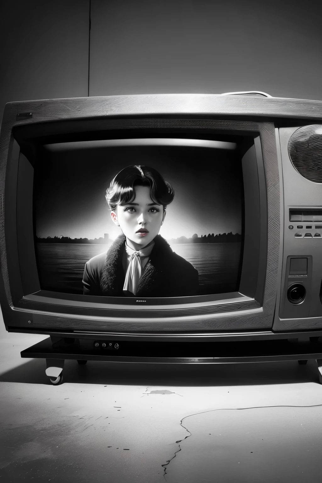 best quality, masterpiece, old retro black and white TV screen, old movies are playing