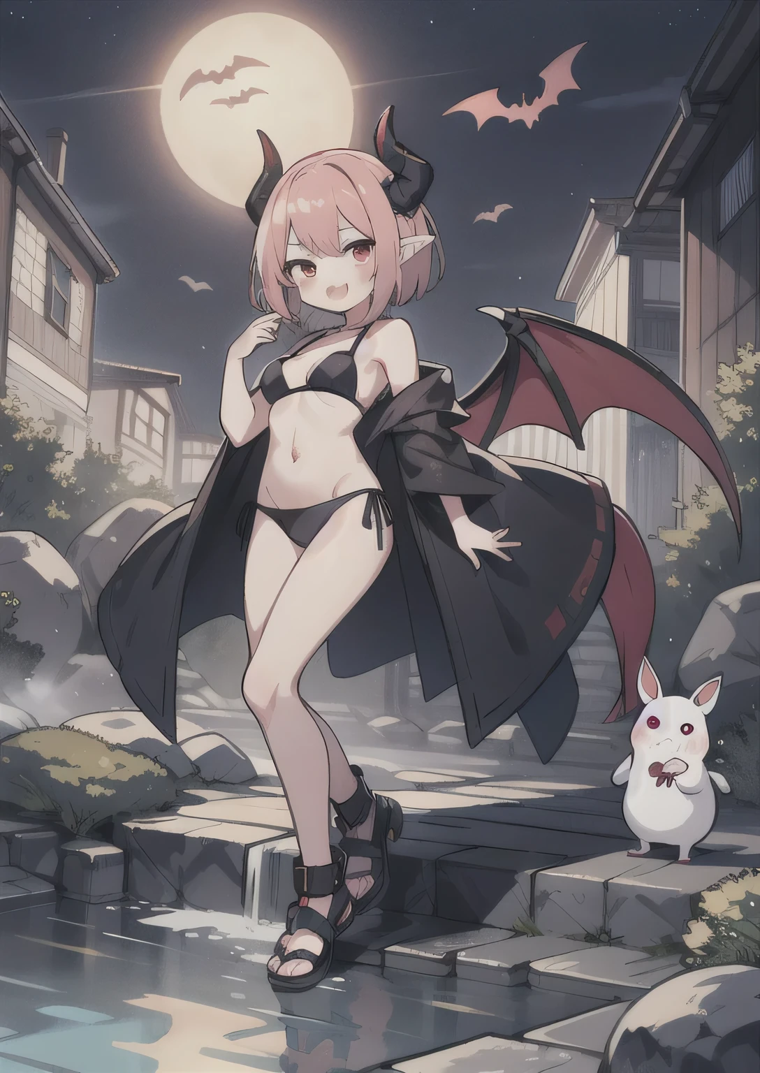 8K, 1girl, petit, adult. kawaii vampire, crimson hair, short hair, red eyes, fang, bat wings, smile, (blush), (shy), pointed ears, looking at viewer, dynamic angle, wind, game cg, fantastic scenery, devil tail, demon tail, thin tail, black horns, medium breast, show full body, hot springs, yokai, yokai pet, monster, latex bra, latex panties, latex, sexy, horny, shiny