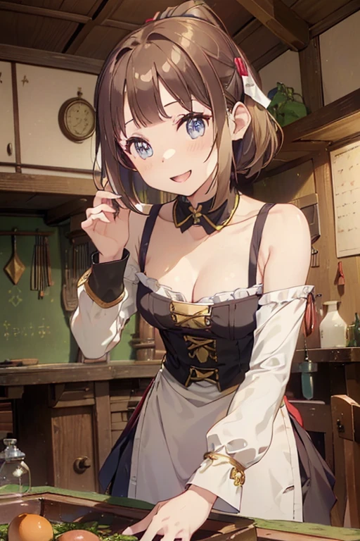 (highest quality:1.5),(8k,masterpiece, top quality, best quality,beautiful and aesthetic:1.2,professional illustrasion:1.1,ultra detail:1.3,perfect lighting),extremely detailed,highest detailed,incredibly absurdres , highres, ultra detailed,intricate:1.3,(Alchemy Workshop:1.4),A girl mixing,Medicine in many small bottles,colorful:1.4,zentangle,(1girl),(highly detailed beautiful face and eyes,firm breasts),real skin,((brown hair,short bob with short pony tail hair)),thin pubic hair:1.3,cute,lovely,17 years old,making a cooking, alchemist costume,smile,in the kitchen,smile,seductive weak smiling,(with sparkling eyes and a contagious smile),open mouth, Looking at Viewer,