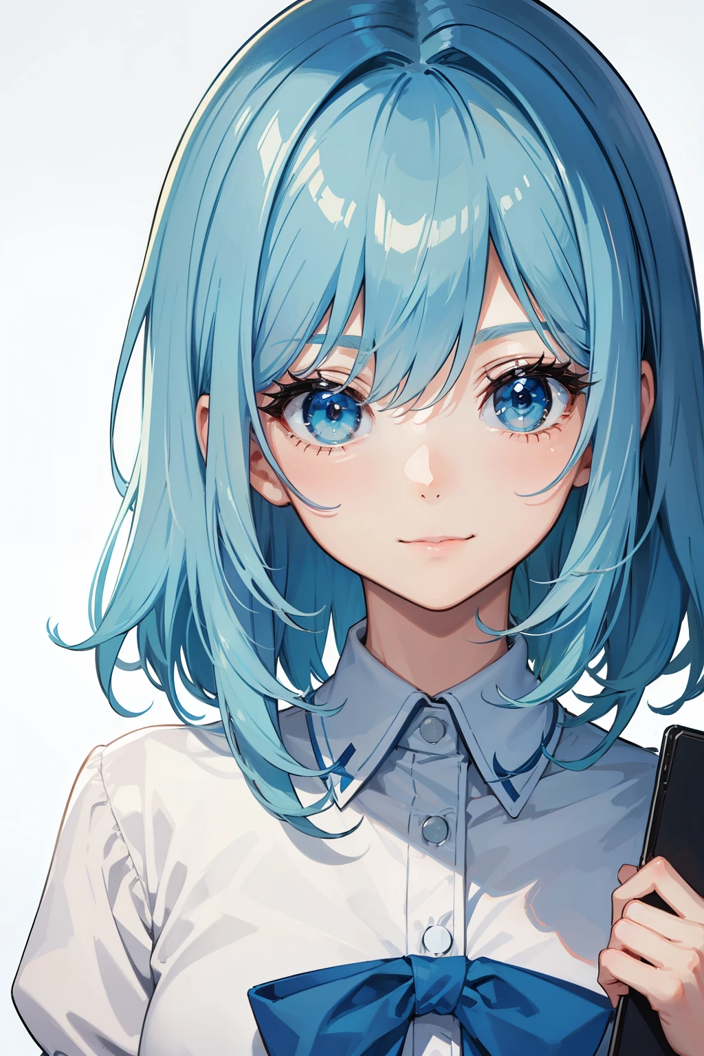 a beauty girl,lightblue hair,bobhair,Manga style,fulcolor,A slender, face,hi-school girl,boyish,a smile