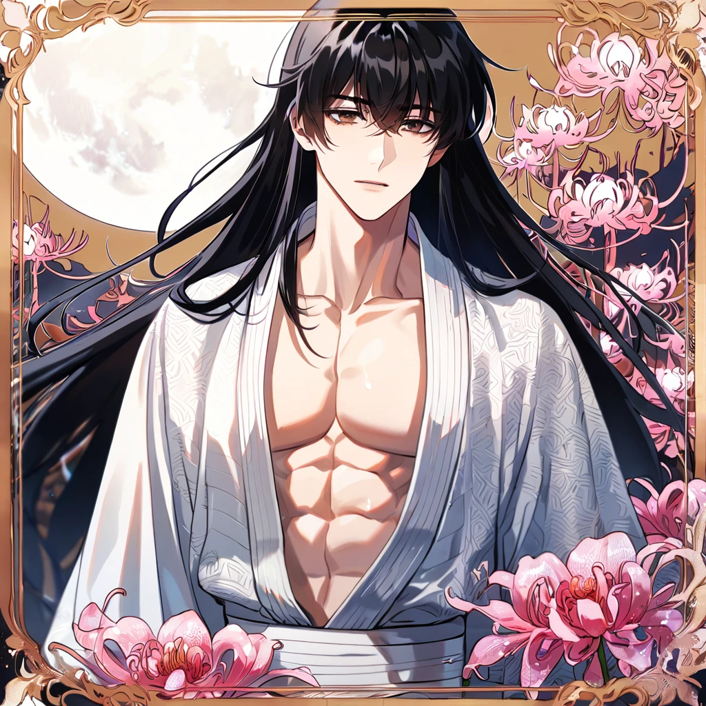(absurdres, highres, ultra detailed, HDR) master piece, best quality, perfect face, delicated features, Kim Dokja with long hair, black hair, expressive brown eyes, Omniscient reader's viewpoint, solo, sexy man, handsome, toned chest, white kimono with accessories, patterns, pink spider lilies, water, magical moon
