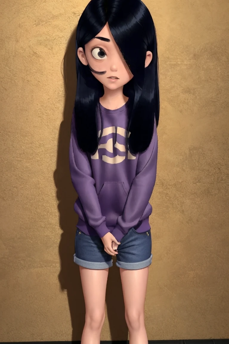 masterpiece,best quality, , 1girl, solo, VioletParr purple sweatshirt, (short jeans), butt, sneakers, hair over one eye, looking at viewer, long black hair, shy, nsfw, pee