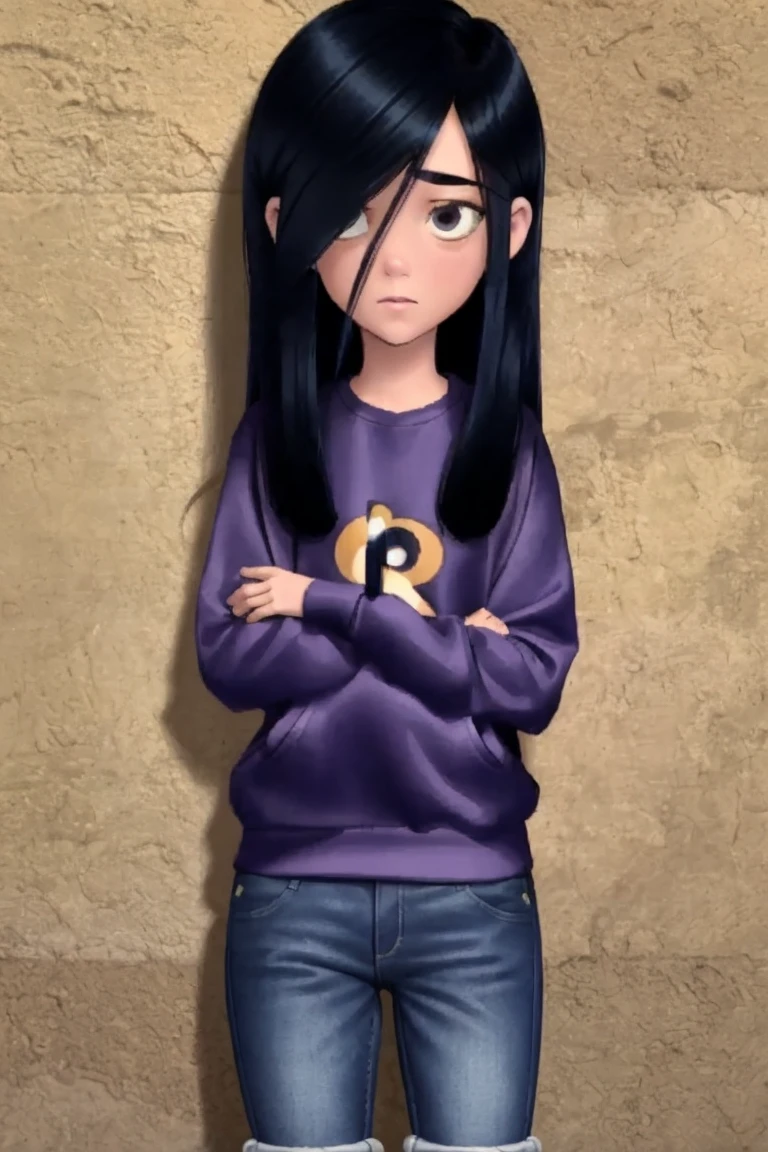 masterpiece,best quality, , 1girl, solo, VioletParr purple sweatshirt, (short jeans), butt, sneakers, hair over one eye, looking at viewer, long black hair, shy, nsfw, pee