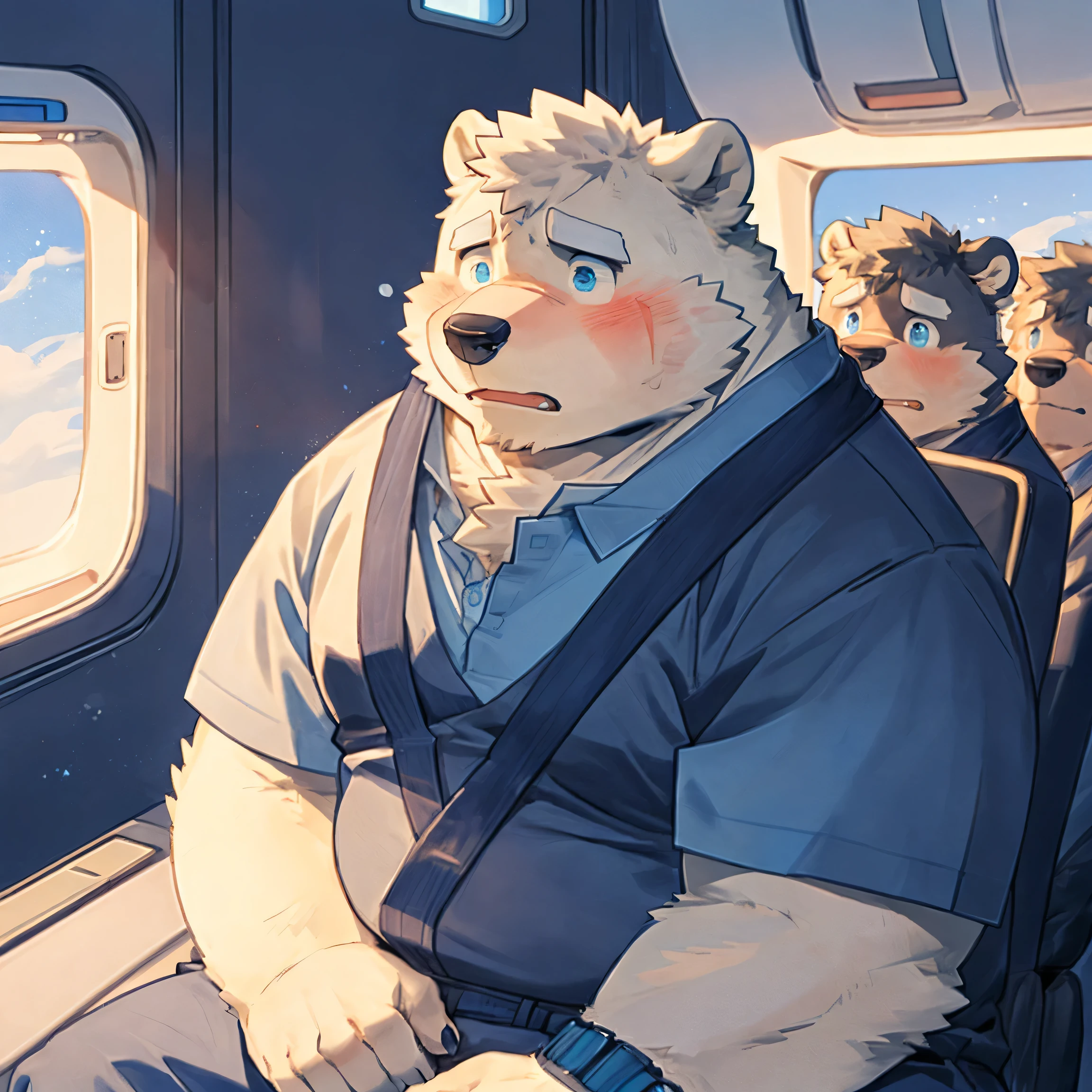 masterpiece, best quality, 8k resolution, Very detailed, hairy,Polar Bear,Blue Hair,Blue eyes,Lovely,Chubby,Chubby Face,Strong,Blushing,scared,,nervous,portrait,Solitary,male,Highest quality scene,on the plane,sitting。night,one person,alone,Facing the audience