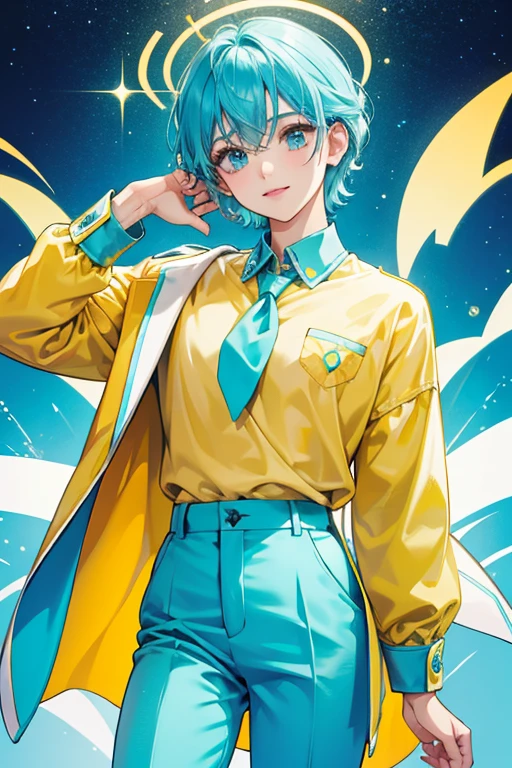 cyan shirt with a yellow collar and blue trousers. SPARKLE; GLITTER