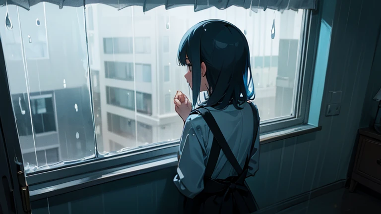 The back of a girl watching the rain from her room's window. The overall mood is blue.