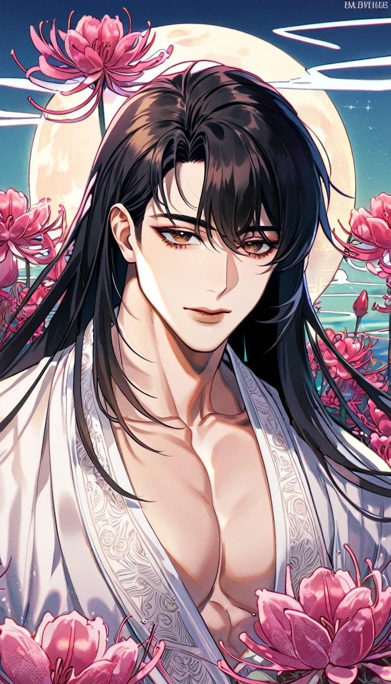 (absurdres, highres, ultra detailed, HDR) master piece, best quality, perfect face, delicated features, Kim Dokja with long hair, black hair, expressive brown eyes, Omniscient reader's viewpoint, solo, sexy man, handsome, toned chest, white kimono with accessories, patterns, pink spider lilies, water, magical moon
