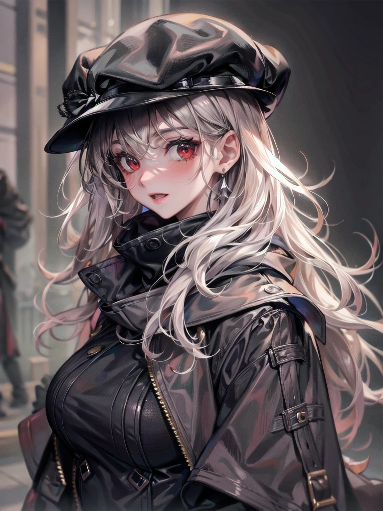 black French hat, black trench coat, Black scarf, Gauze wrapped around the neck, absurdres, RAW photo, extremely delicate and beautiful, masterpiece, Best Quality, ultra high resolution, 32k, hyperrealistic, ultra-detailed, detailed description, pale skin, 20 years old, tearful mole, earring, short medium hair, wavy hair, whole body shot, legs, Red eyes, 